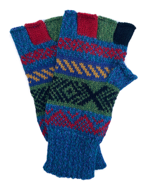 Alpaca Gloves -- Handmade Peruvian Fingerless Warm Stylish Premium Natural Fiber -- Blue Fiesta