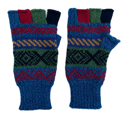 Alpaca Gloves -- Handmade Peruvian Fingerless Warm Stylish Premium Natural Fiber -- Blue Fiesta